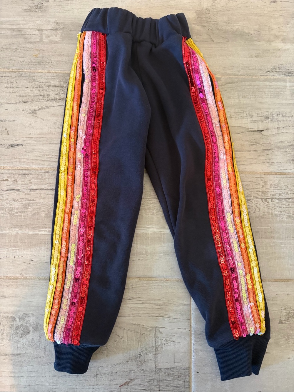 Lola & the Boys Girls sz 6 Navy Joggers w/ Multicolor Sequin Stripe